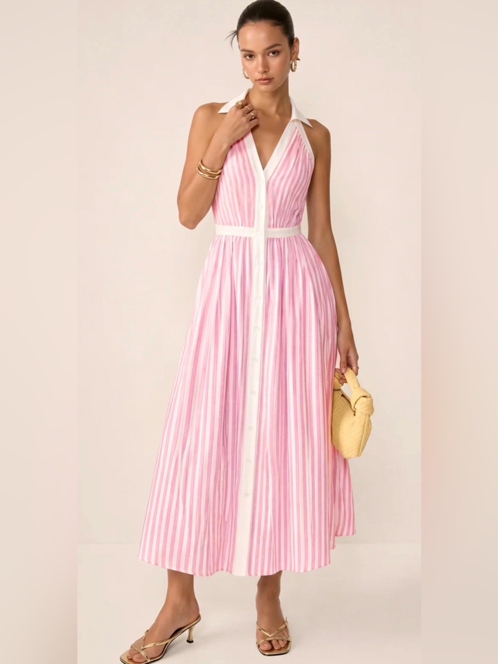 Commense Pink and White Striped Halter Maxi Dress